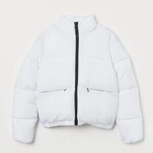 H&M White Puffer Jacket with Black Zipper